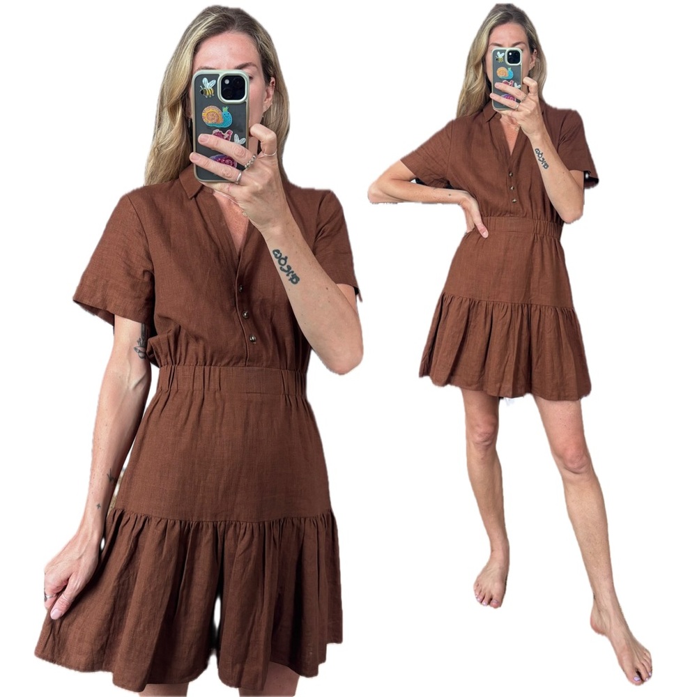 RW & CO Chocolate Linen Tiered Brown Short Sleeve Ruffle Button Down Mini Dress